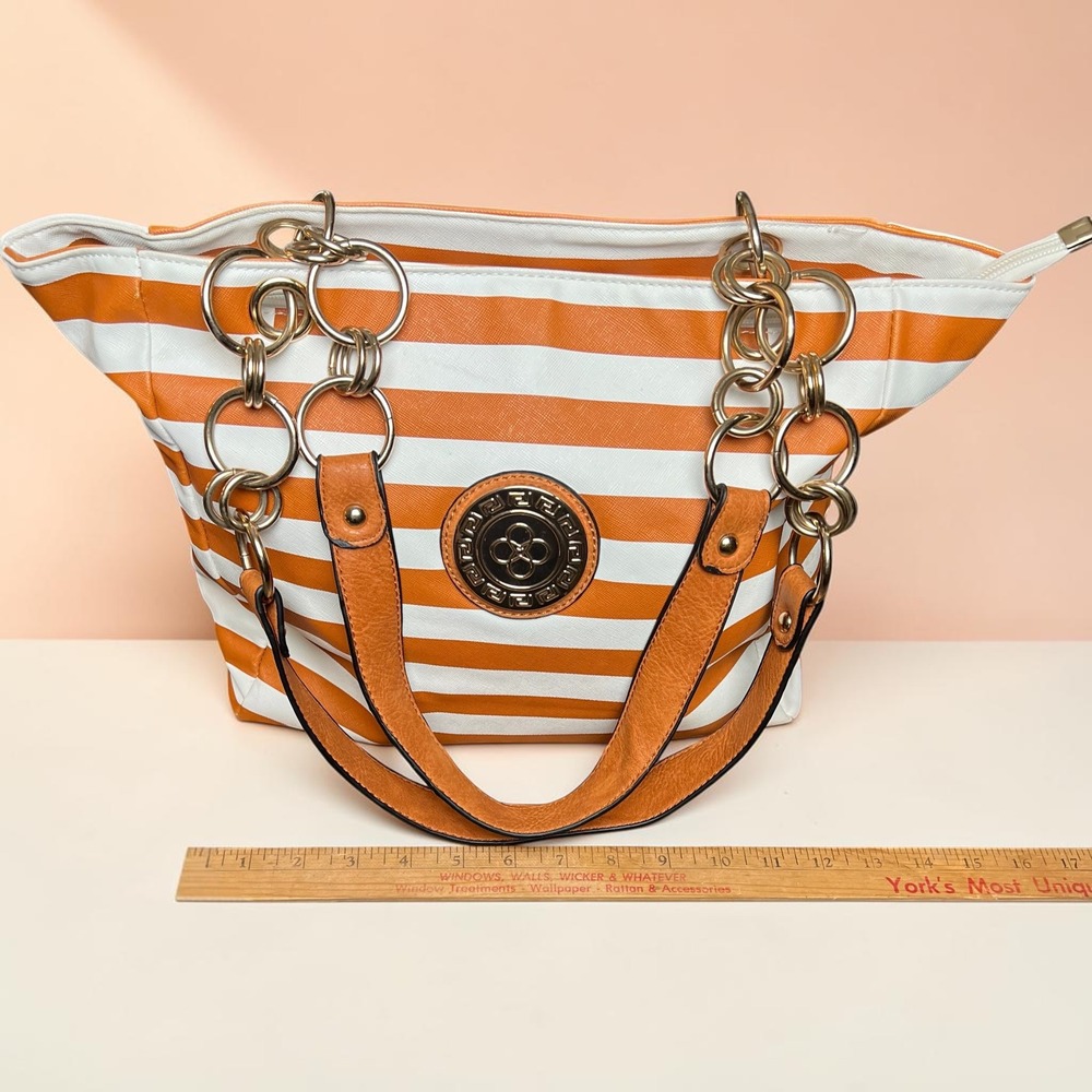Orange White Striped Tote Bag Gold Chain Link Straps Large Shoulder Purse